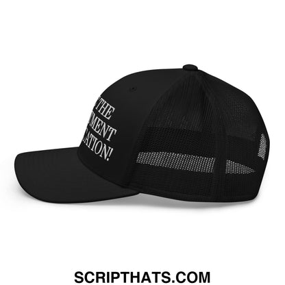 Black mesh trucker hat with save the department of education white embroidered text on the side