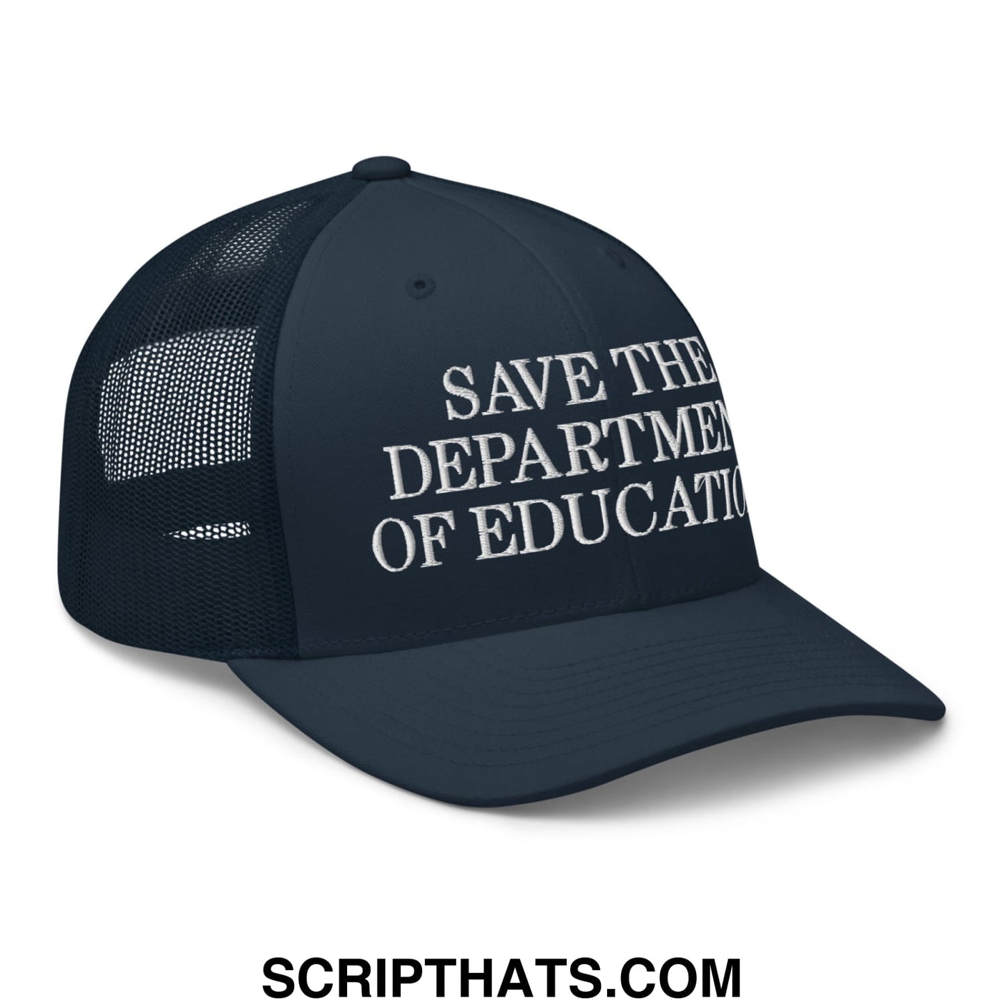Dark navy mesh trucker hat with white embroidered save the department of education text on front panel