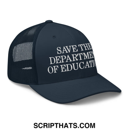 Dark navy mesh trucker hat with white embroidered save the department of education text on front panel