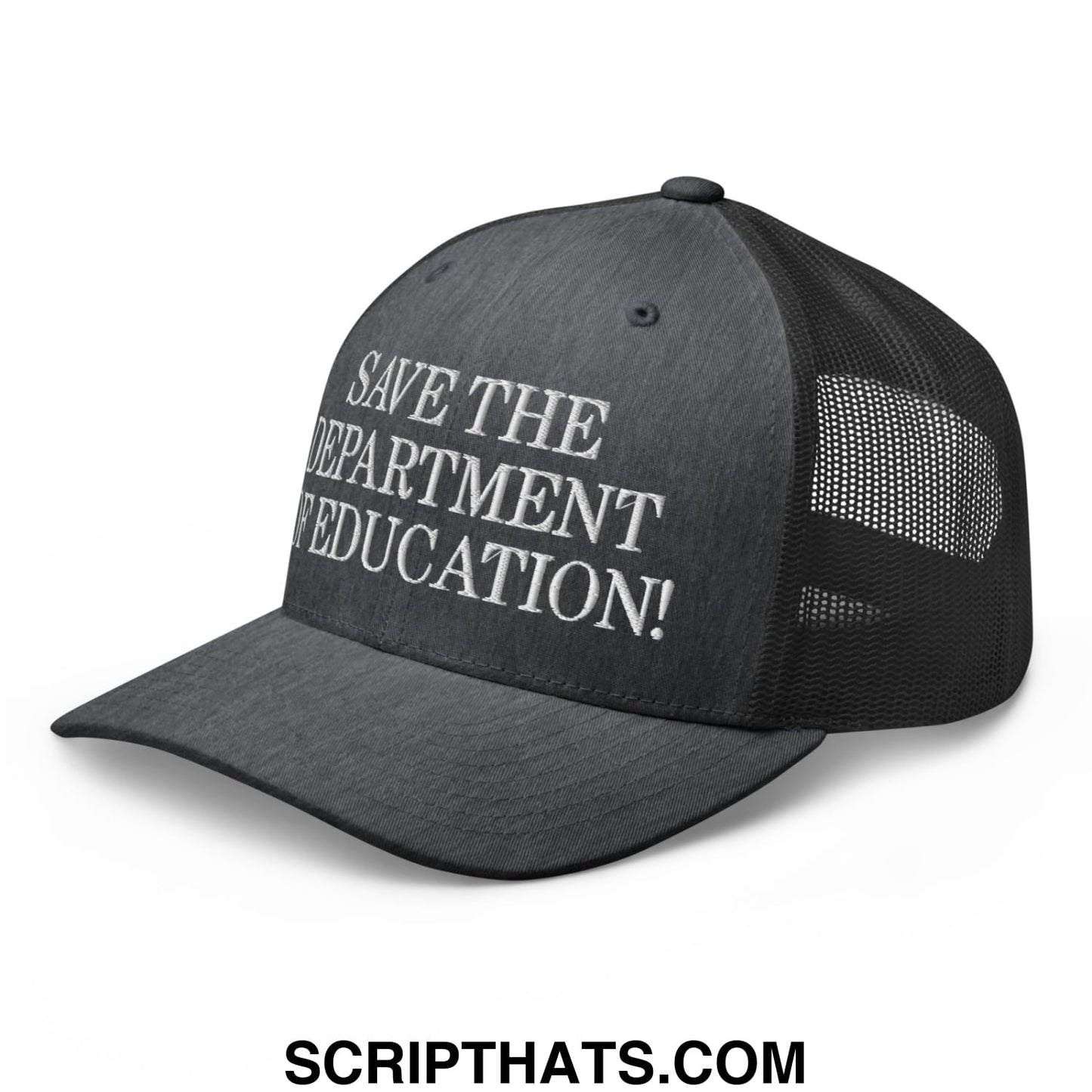 Black mesh trucker hat with white embroidered save the department of education text on front panel