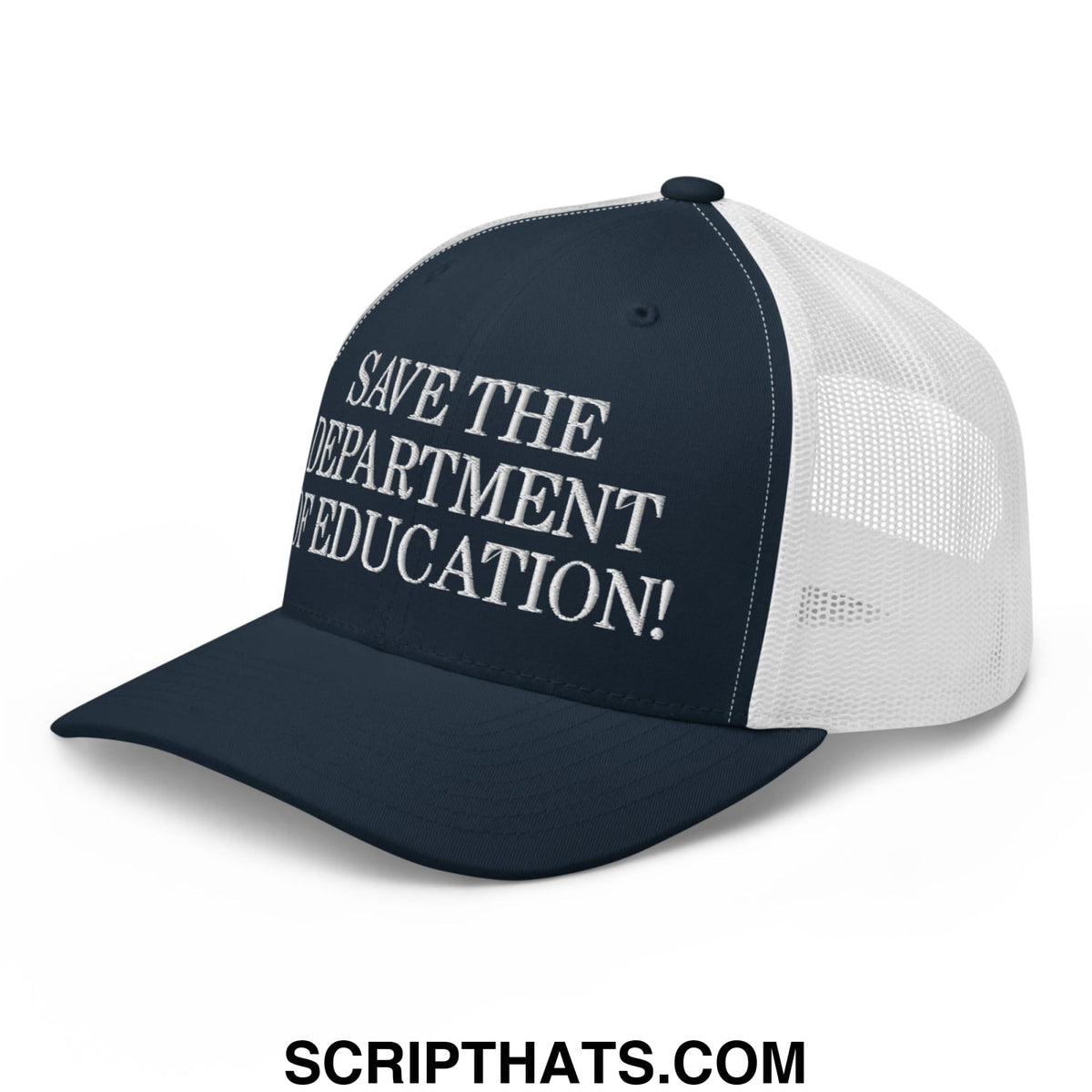 Navy blue and white mesh trucker hat with embroidered save the department of education text on front panel