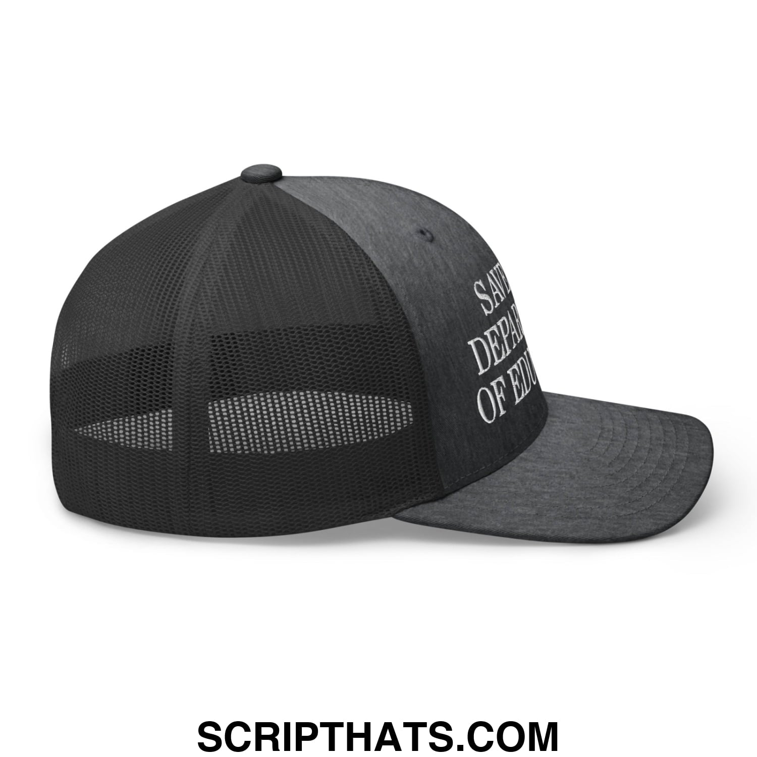 Black mesh trucker hat with white saved department of education embroidered text on the side