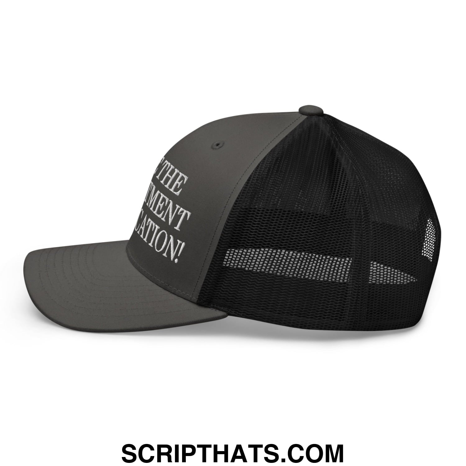 Dark gray save the department of education embroidered mesh trucker hat with black mesh back and white text