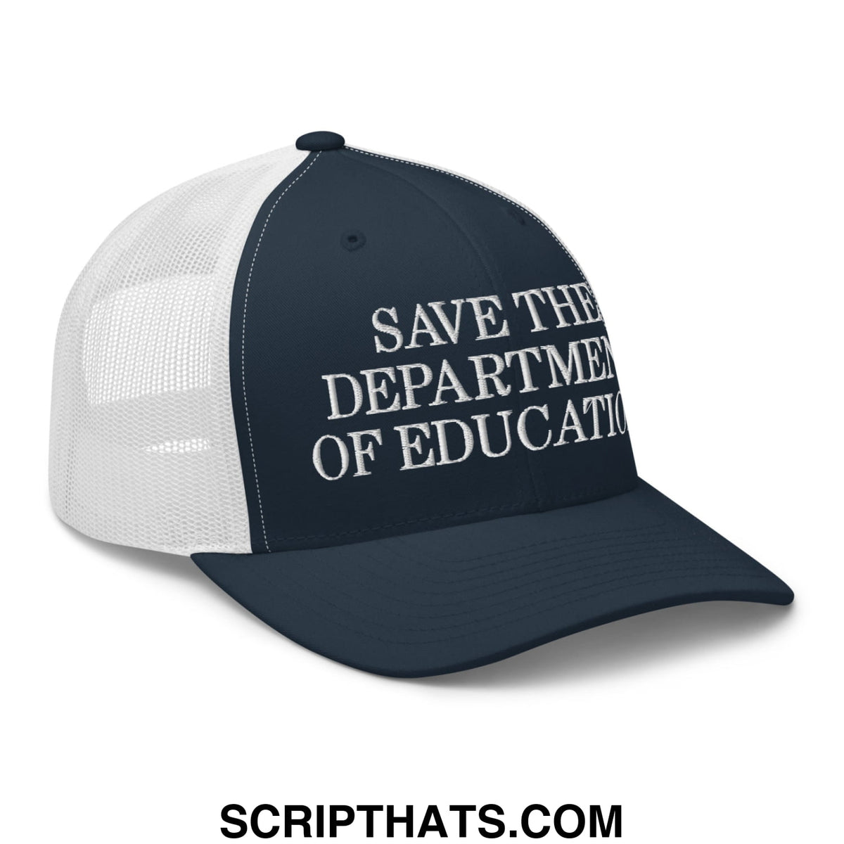 Navy blue and white mesh trucker hat with save the department of education embroidered in bold contrasting letters