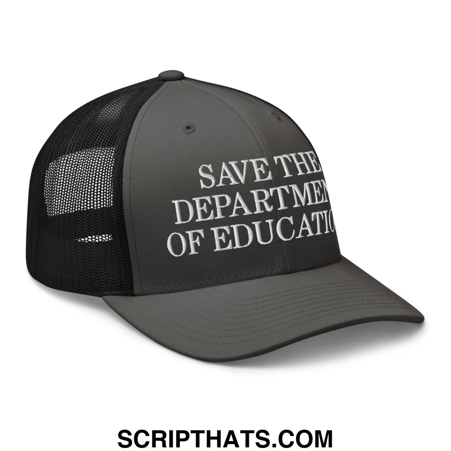 Dark gray mesh trucker hat with white embroidered save the department of education text on the front panel
