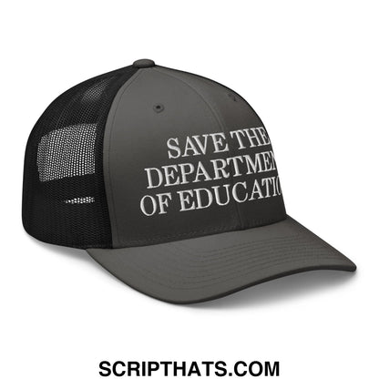 Dark gray mesh trucker hat with white embroidered save the department of education text on the front panel