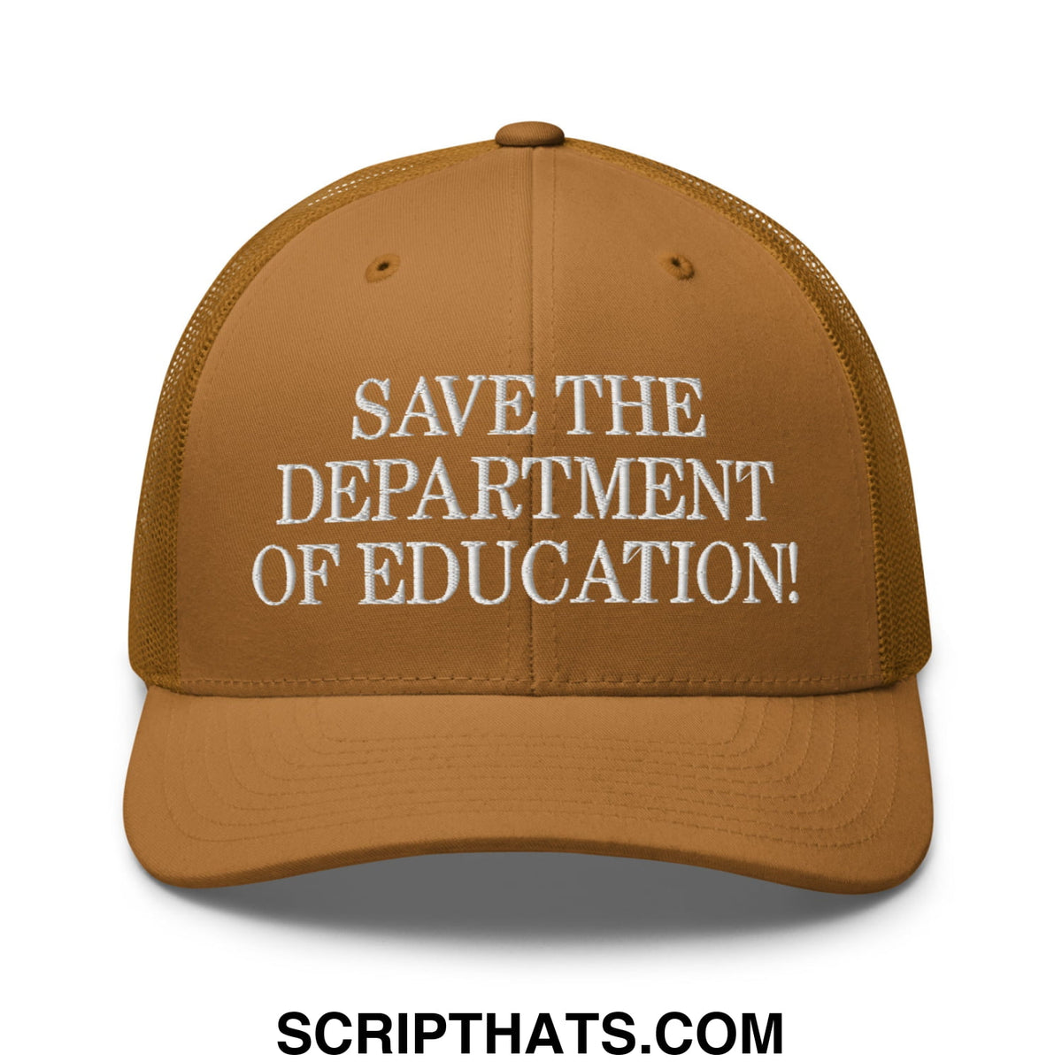 A tan mesh trucker hat with white embroidered save the department of education text on the front