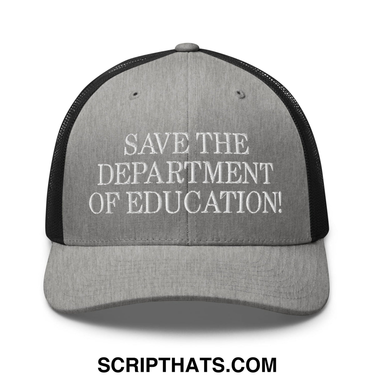 Gray and black mesh trucker hat with white save the department of education embroidered text front design