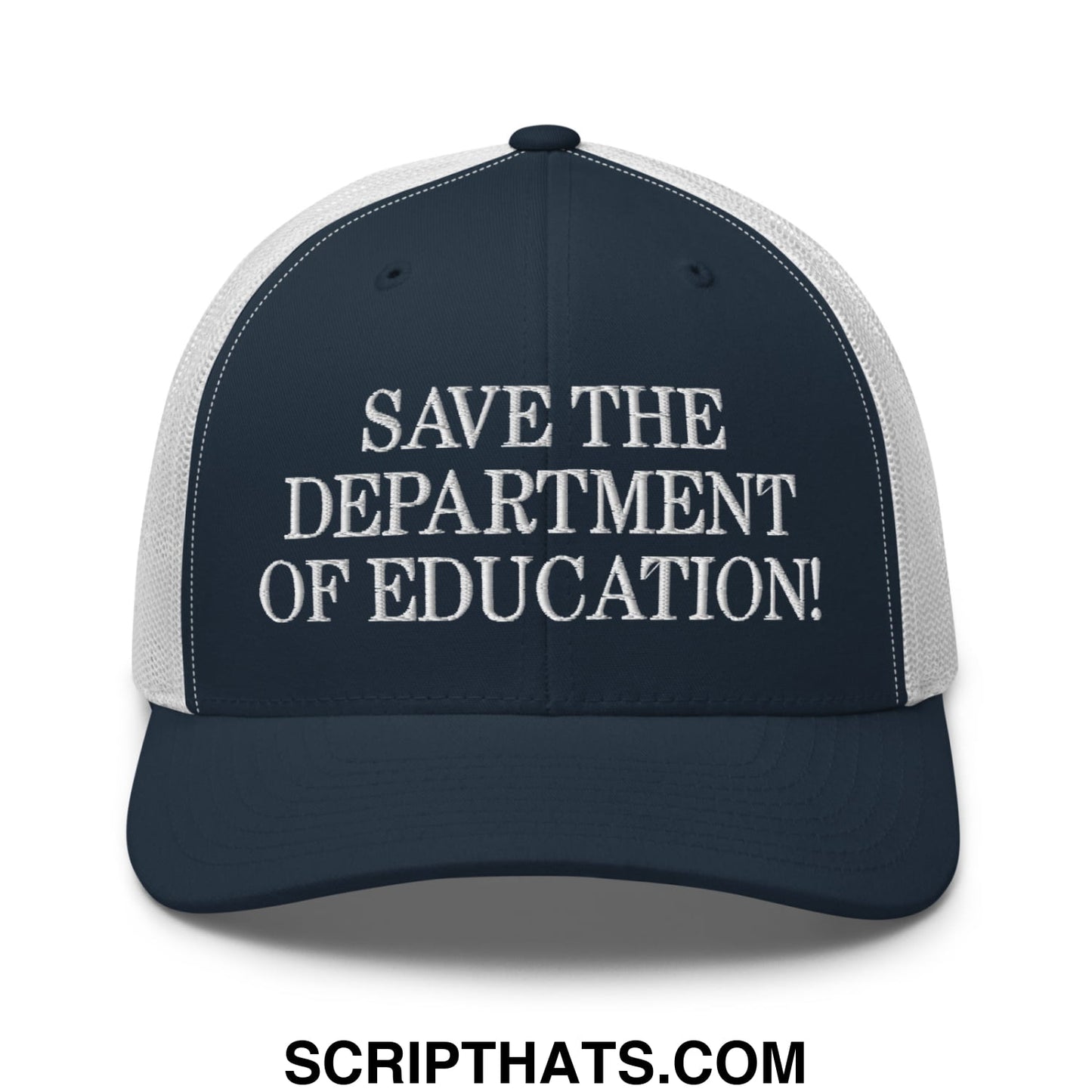Navy blue and white mesh trucker hat with save the department of education embroidered text in bold letters