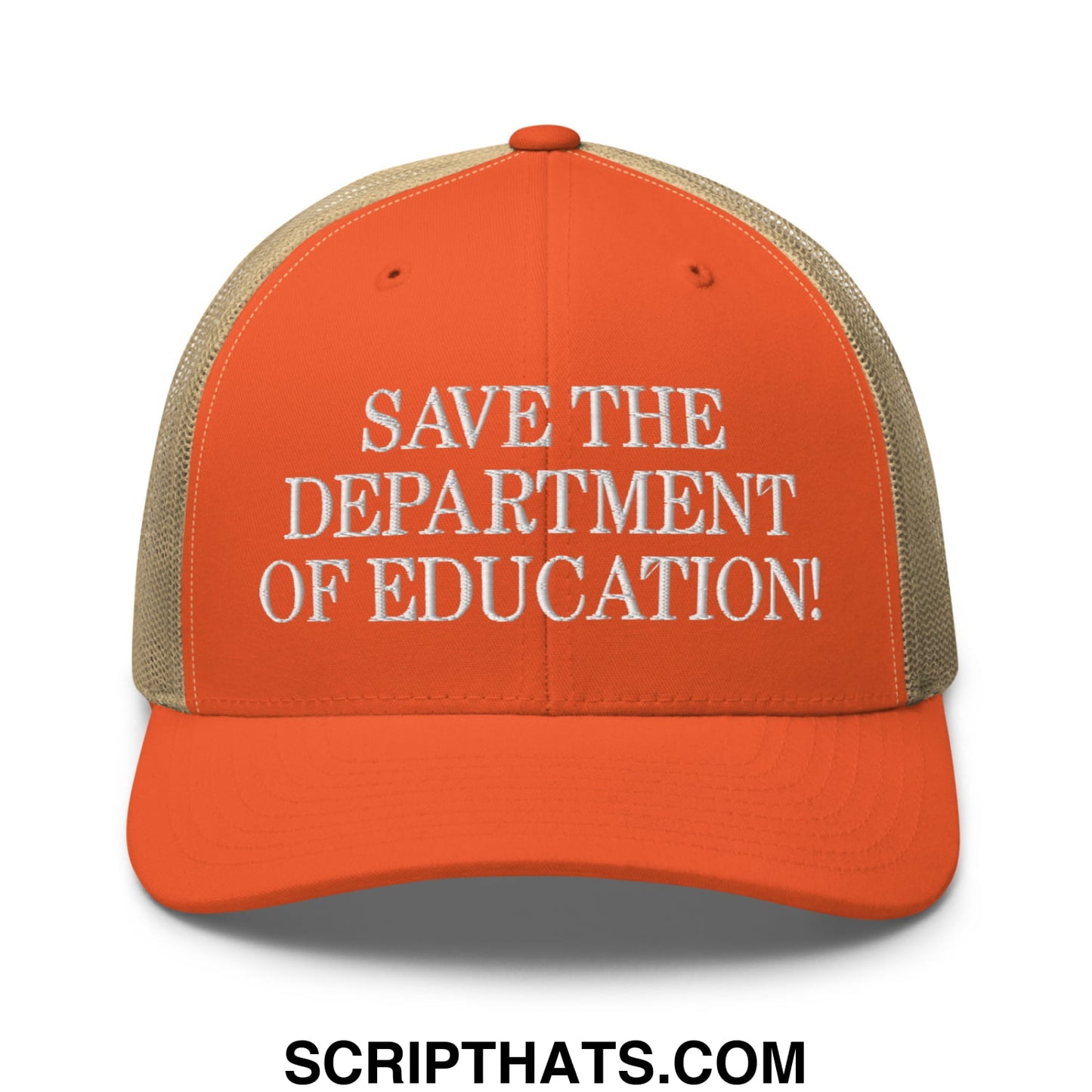 Orange and beige mesh trucker hat with white embroidered save the department of education text front side visible