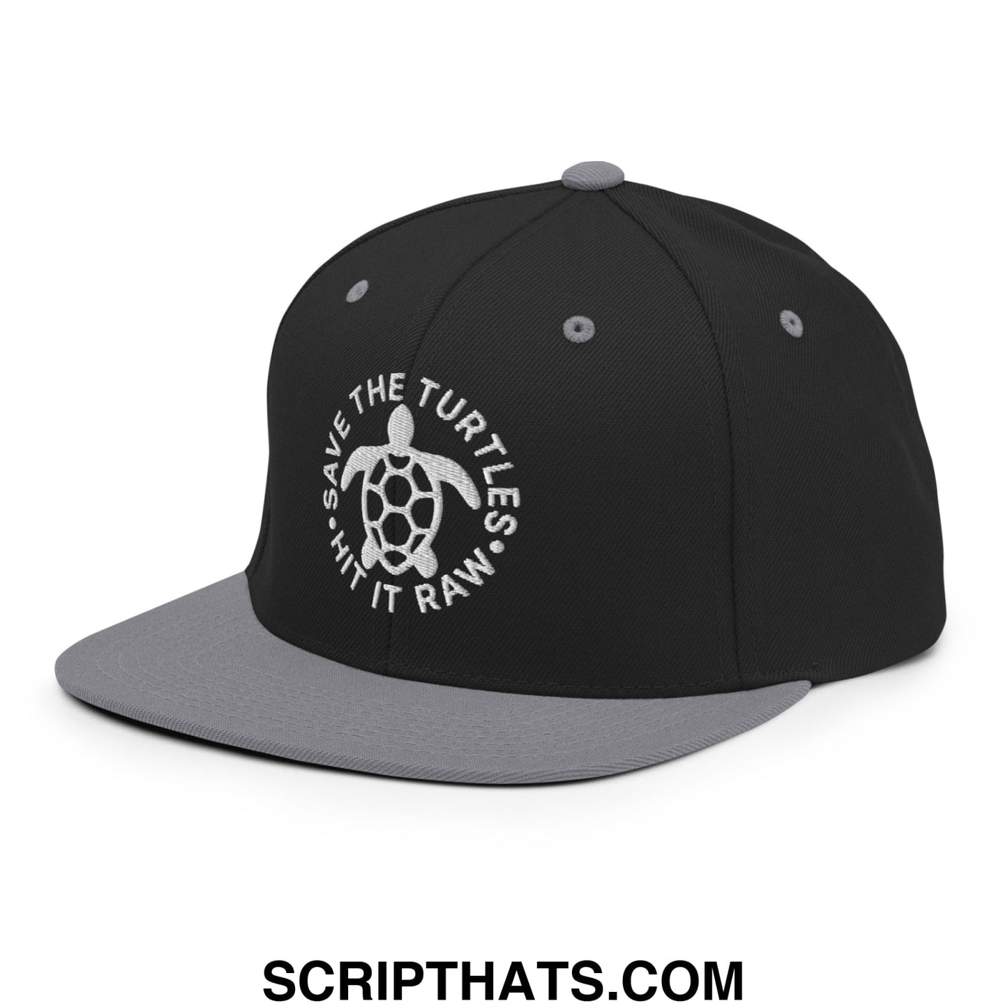 Save The Turtles Hit It Raw Embroidered Flat Bill Brim Snapback Hat Black Silver