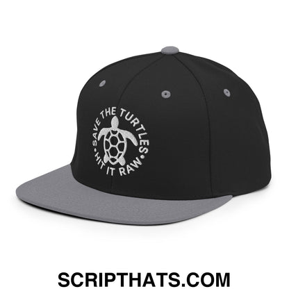 Save The Turtles Hit It Raw Embroidered Flat Bill Brim Snapback Hat Black Silver