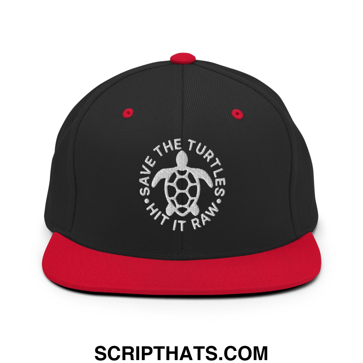 Save The Turtles Hit It Raw Embroidered Flat Bill Brim Snapback Hat Black Red