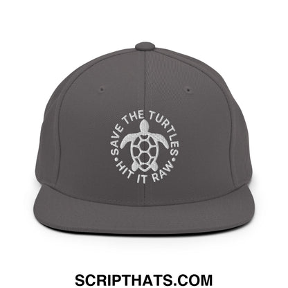 Save The Turtles Hit It Raw Embroidered Flat Bill Brim Snapback Hat Dark Grey