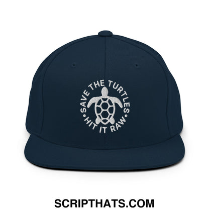 Save The Turtles Hit It Raw Embroidered Flat Bill Brim Snapback Hat Dark Navy