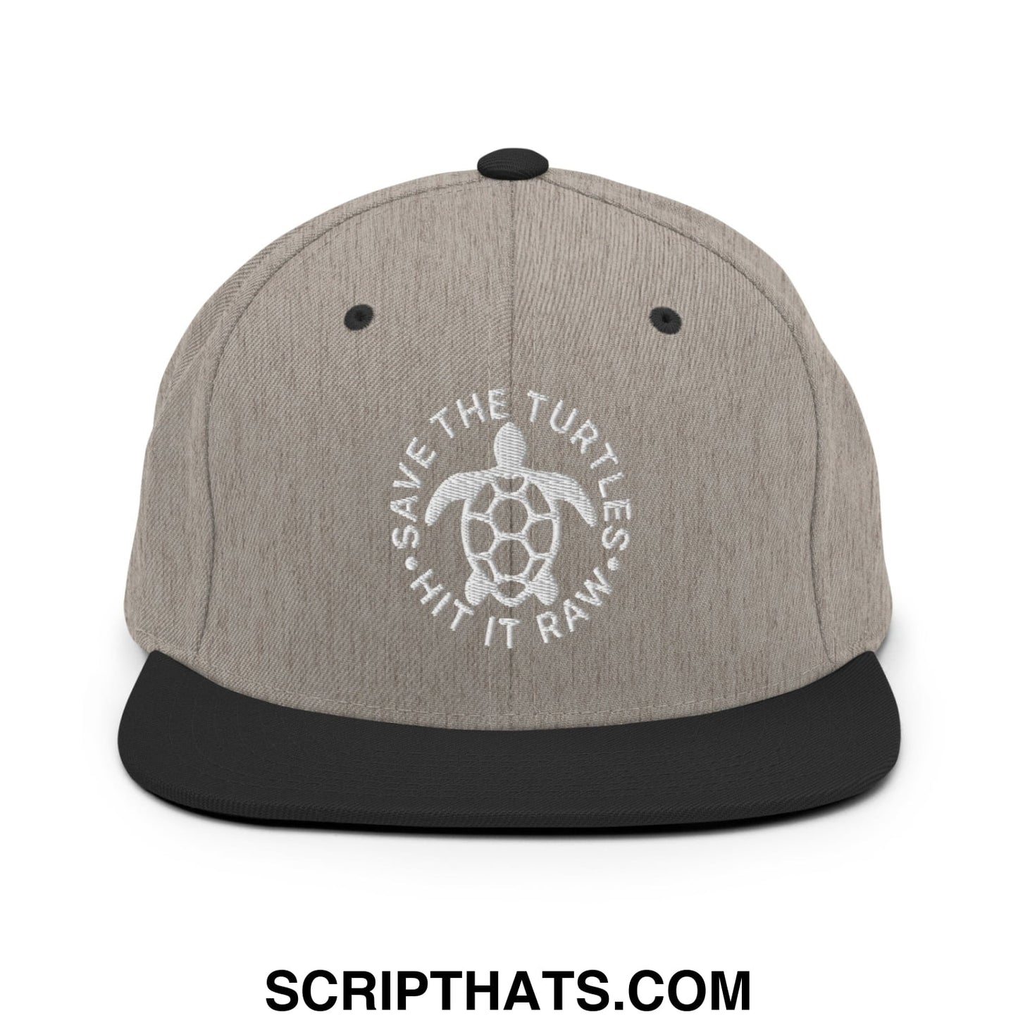 Save The Turtles Hit It Raw Embroidered Flat Bill Brim Snapback Hat Heather Black