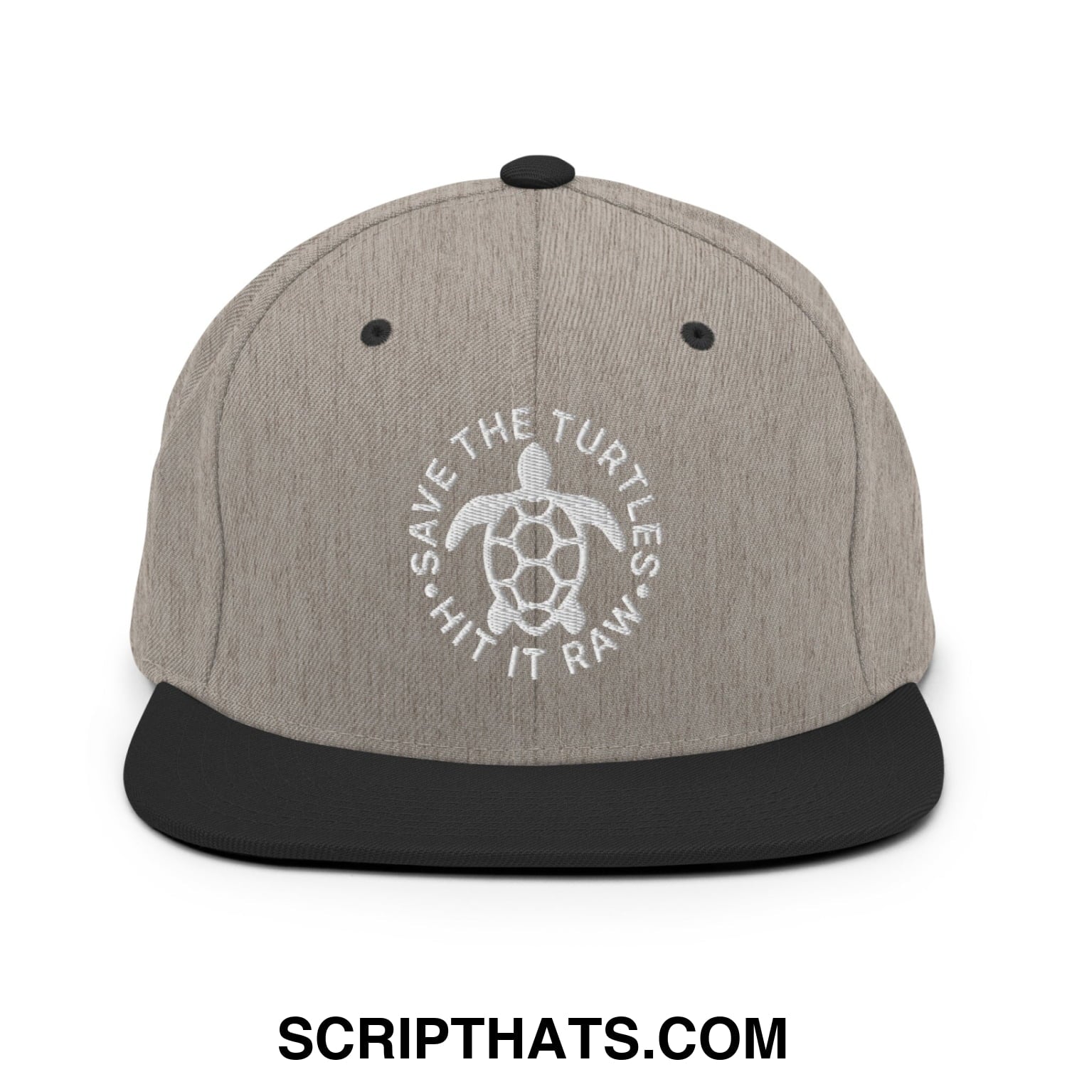 Save The Turtles Hit It Raw Embroidered Flat Bill Brim Snapback Hat Heather Black