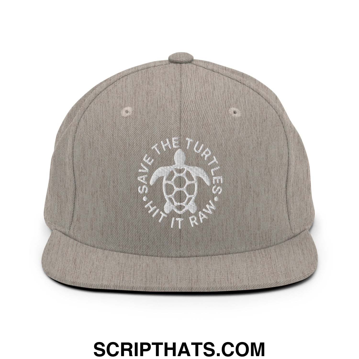 Save The Turtles Hit It Raw Embroidered Flat Bill Brim Snapback Hat Heather Grey