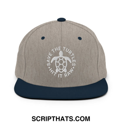 Save The Turtles Hit It Raw Embroidered Flat Bill Brim Snapback Hat Heather Grey Navy