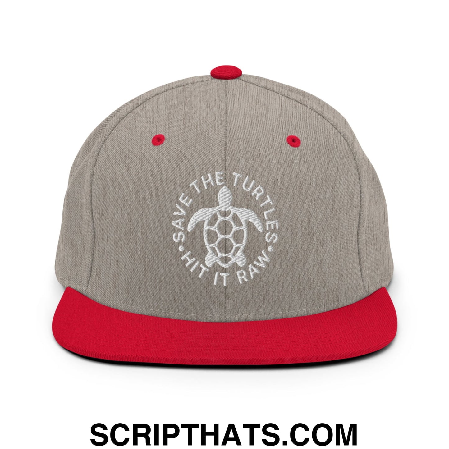 Save The Turtles Hit It Raw Embroidered Flat Bill Brim Snapback Hat Heather Grey Red