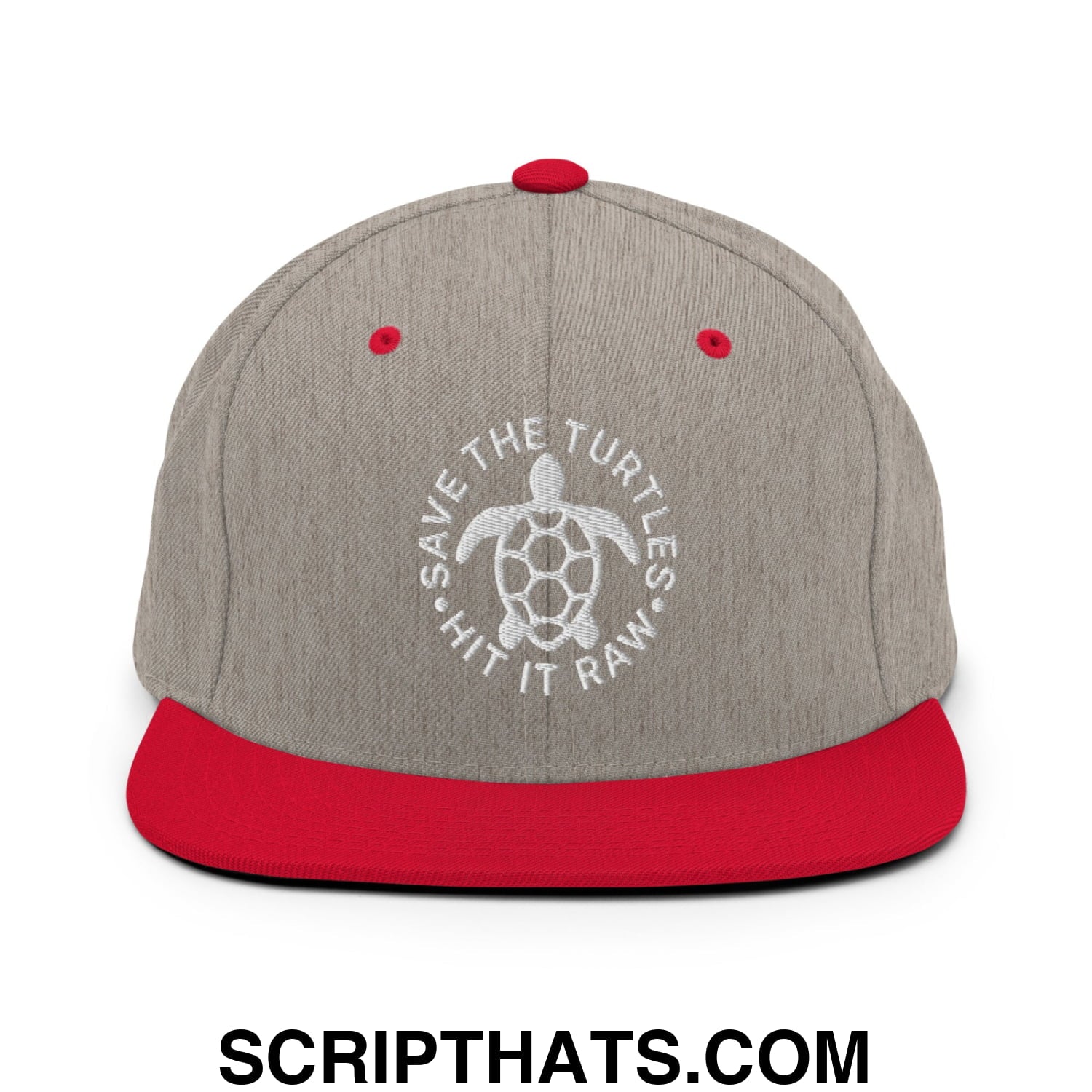 Save The Turtles Hit It Raw Embroidered Flat Bill Brim Snapback Hat Heather Grey Red