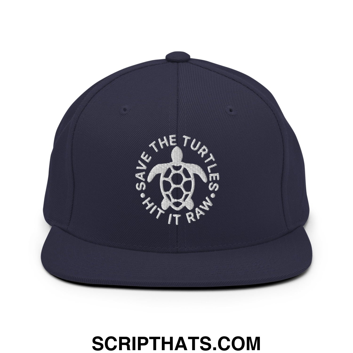 Save The Turtles Hit It Raw Embroidered Flat Bill Brim Snapback Hat Navy