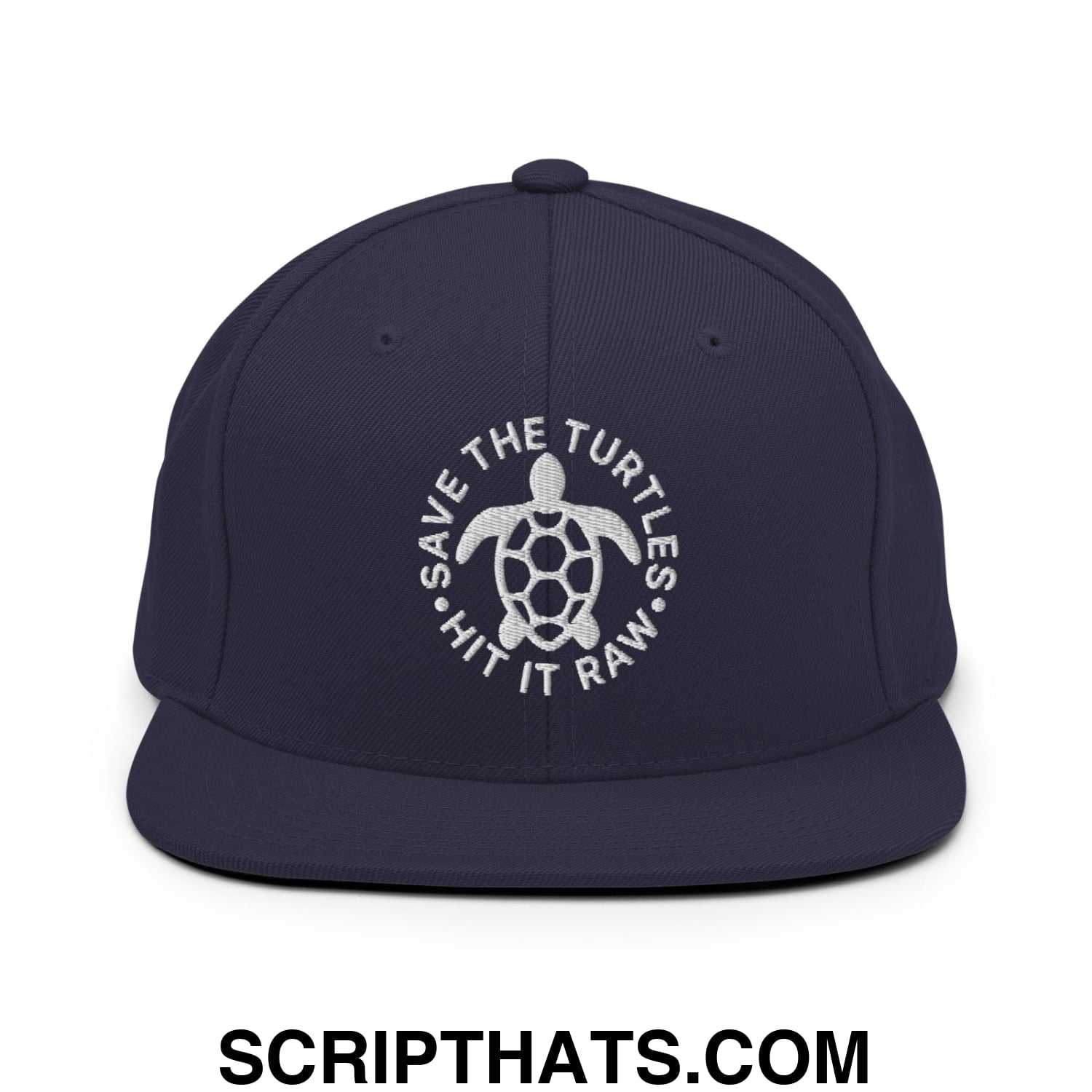 Save The Turtles Hit It Raw Embroidered Flat Bill Brim Snapback Hat Navy