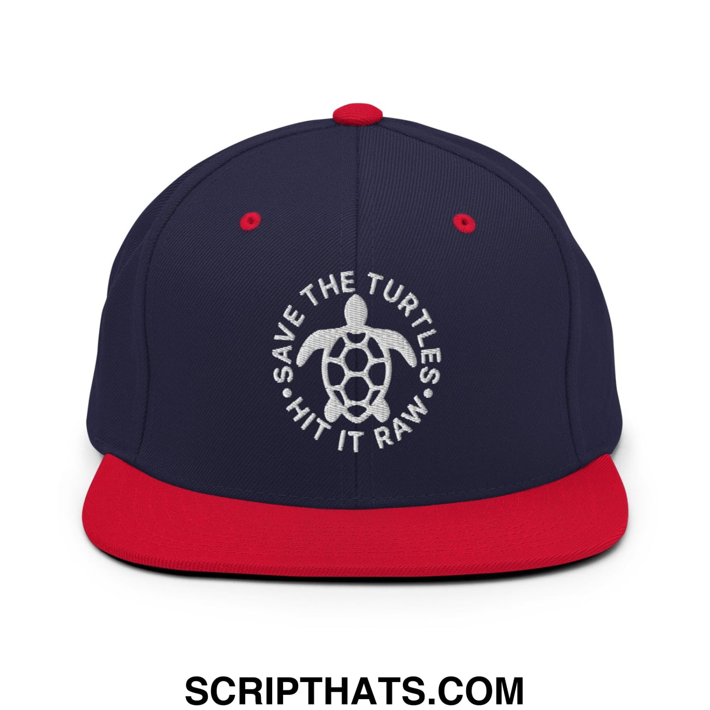 Save The Turtles Hit It Raw Embroidered Flat Bill Brim Snapback Hat Navy Red