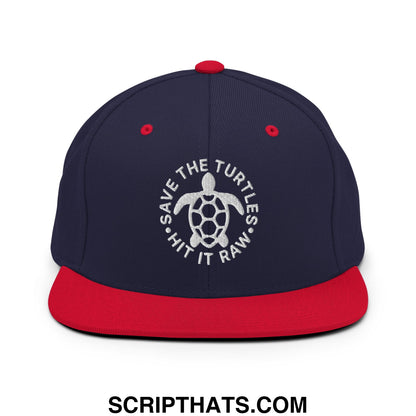 Save The Turtles Hit It Raw Embroidered Flat Bill Brim Snapback Hat Navy Red