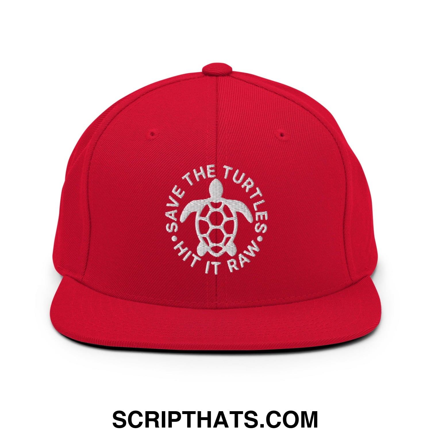Save The Turtles Hit It Raw Embroidered Flat Bill Brim Snapback Hat Red