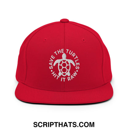 Save The Turtles Hit It Raw Embroidered Flat Bill Brim Snapback Hat Red