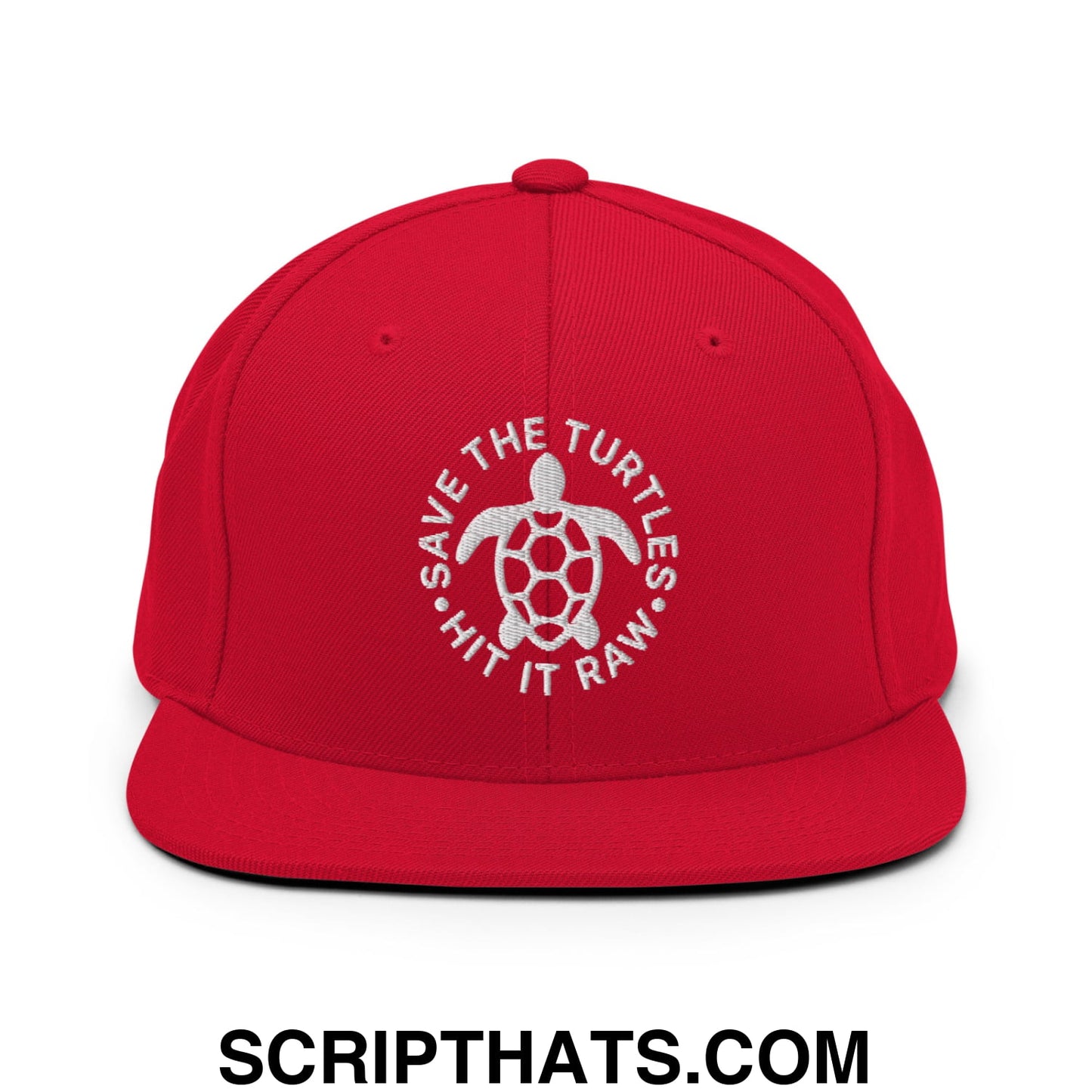 Save The Turtles Hit It Raw Embroidered Flat Bill Brim Snapback Hat Red