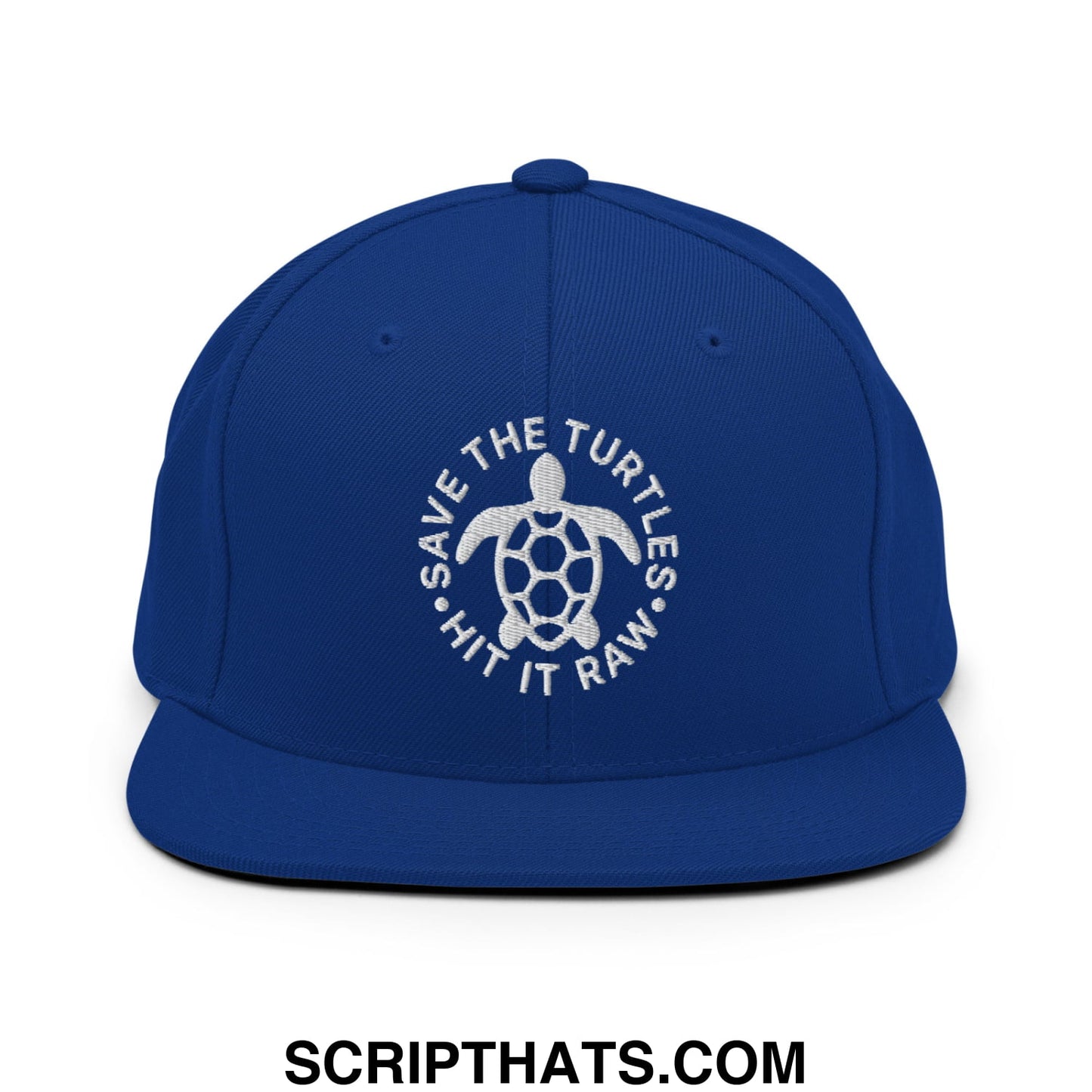 Save The Turtles Hit It Raw Embroidered Flat Bill Brim Snapback Hat Royal Blue