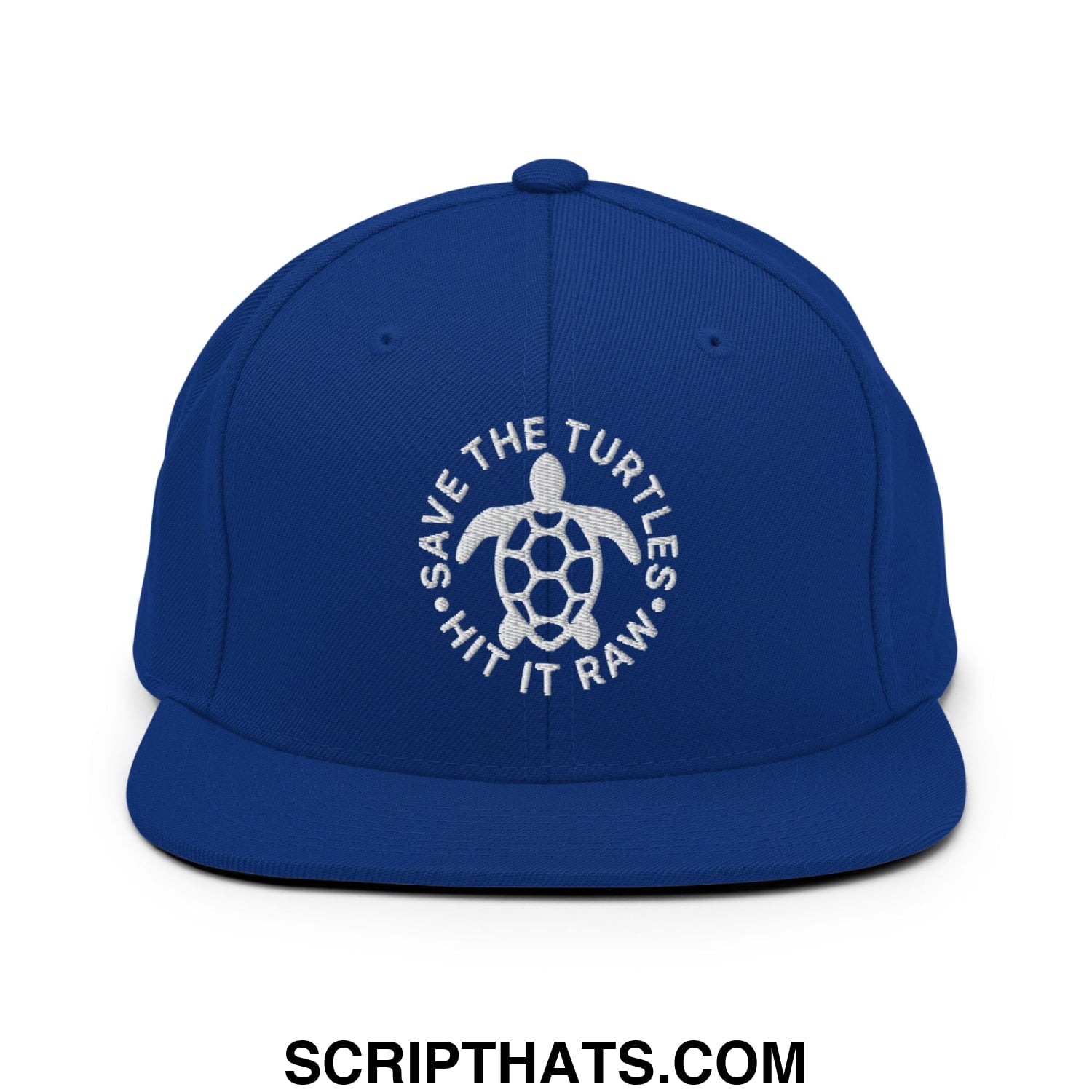 Save The Turtles Hit It Raw Embroidered Flat Bill Brim Snapback Hat Royal Blue