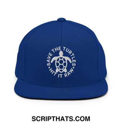 Save The Turtles Hit It Raw Embroidered Flat Bill Brim Snapback Hat Royal Blue