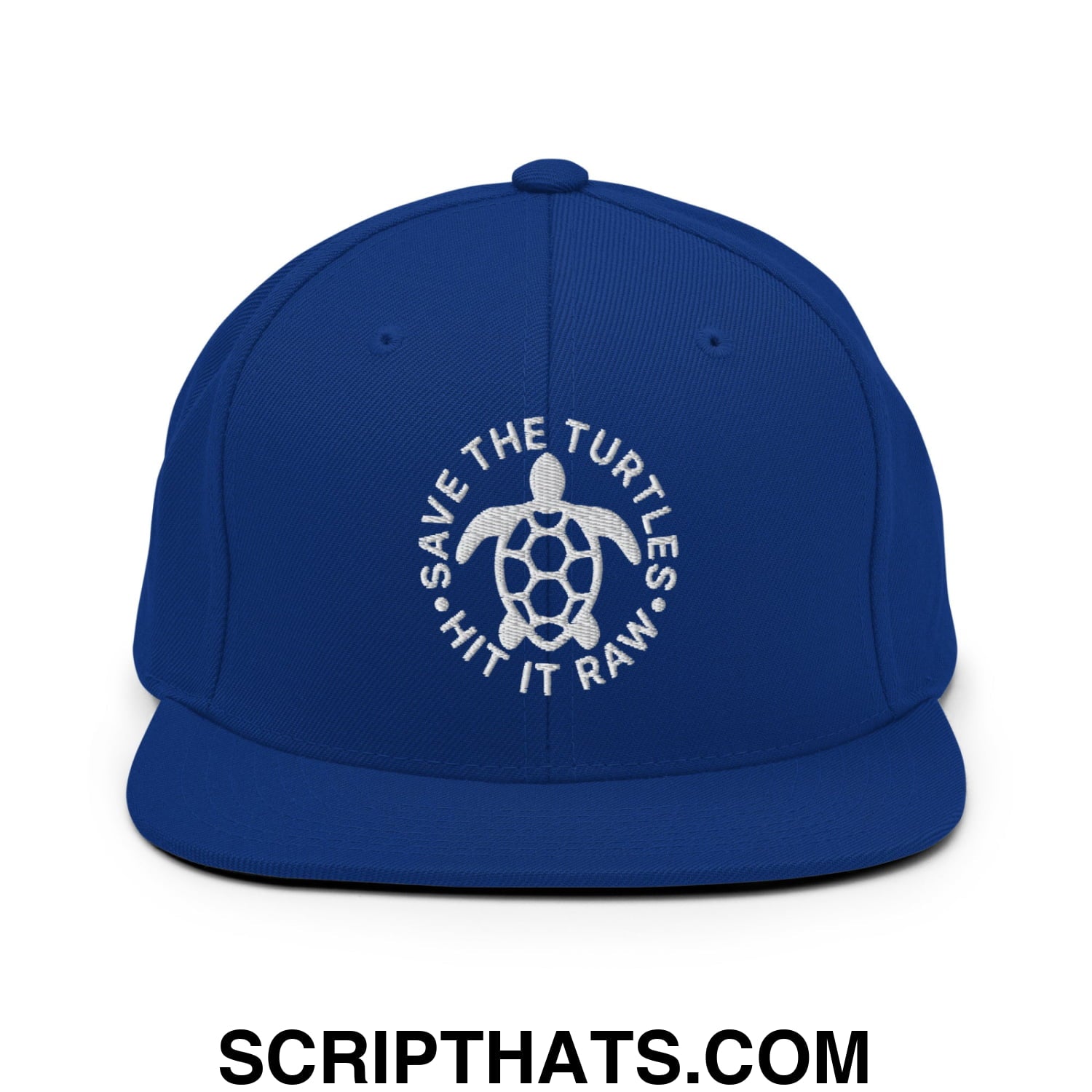 Save The Turtles Hit It Raw Embroidered Flat Bill Brim Snapback Hat Royal Blue