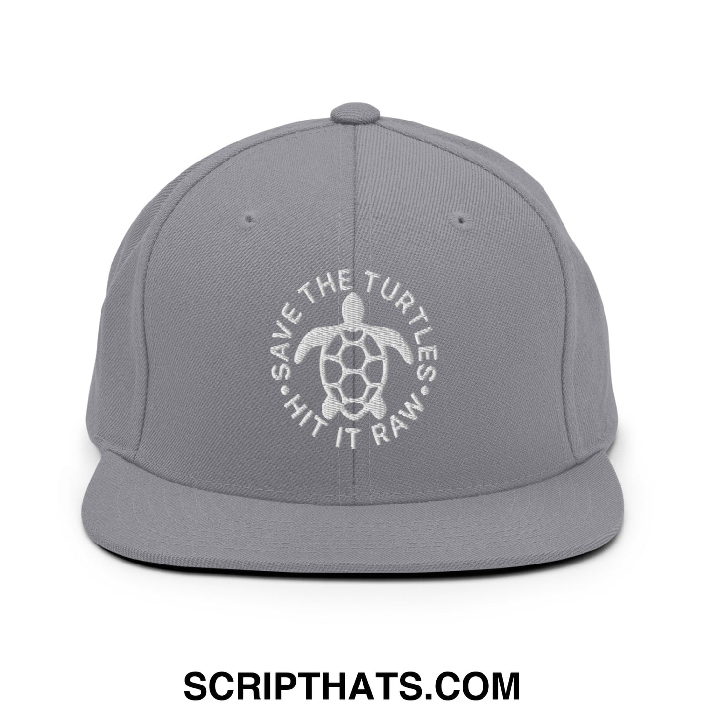 Save The Turtles Hit It Raw Embroidered Flat Bill Brim Snapback Hat Silver