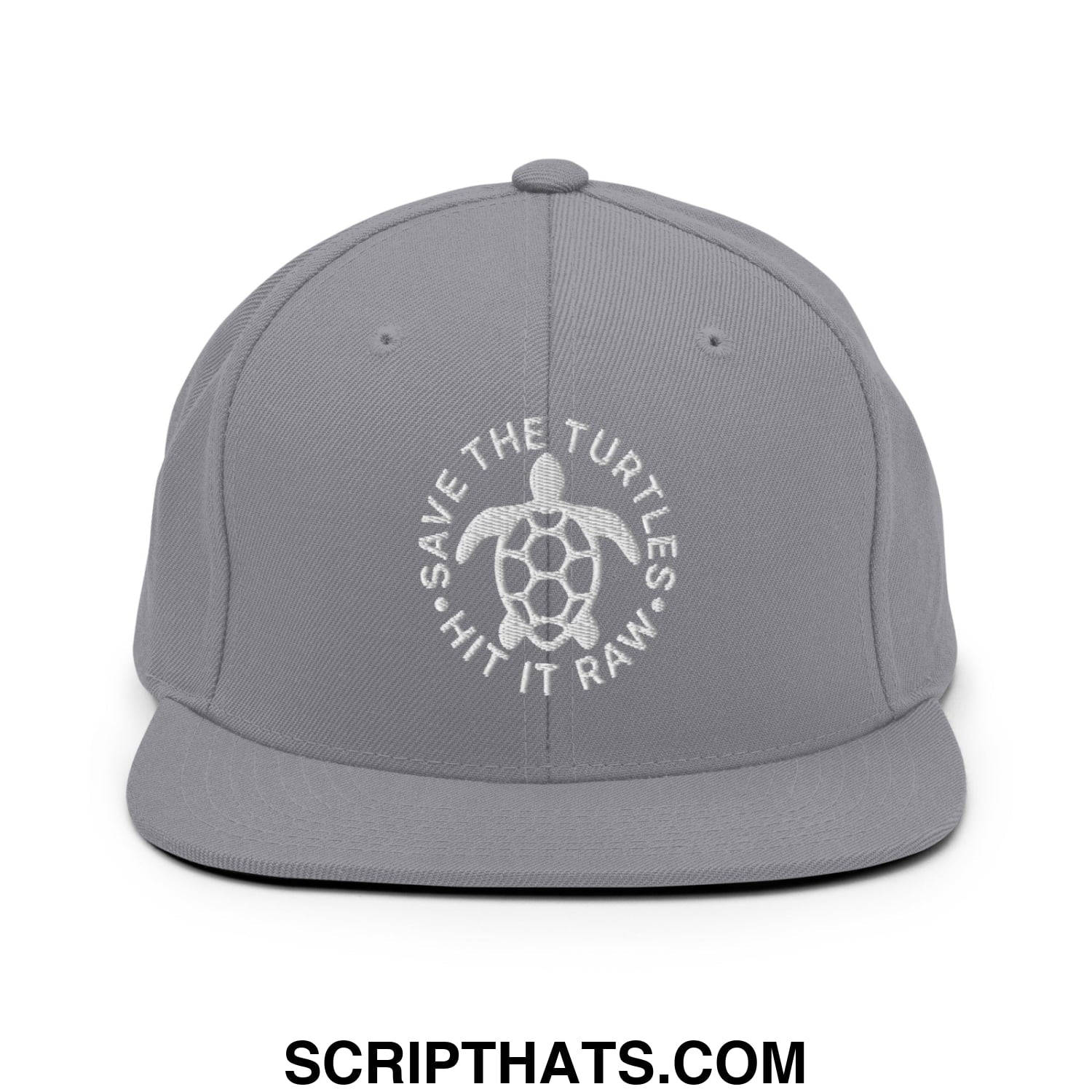 Save The Turtles Hit It Raw Embroidered Flat Bill Brim Snapback Hat Silver
