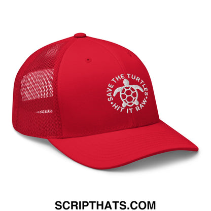 Red mesh trucker hat with white embroidered turtle logo and save the turtles slogan in hit it raw style