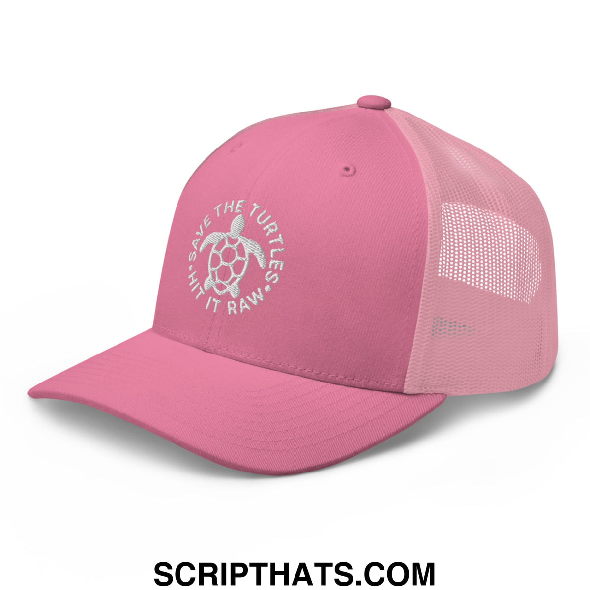 Pink embroidered mesh trucker hat with white turtle and save the turtles hit it raw text on the front