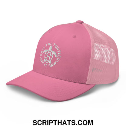 Pink embroidered mesh trucker hat with white turtle and save the turtles hit it raw text on the front