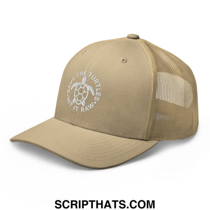 Beige mesh trucker hat with white embroidered turtle and save the turtles text front for eco-friendly style