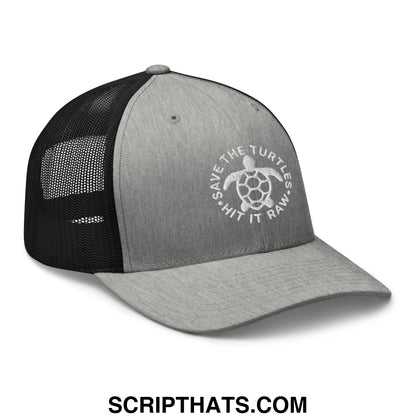 Gray and black mesh trucker hat with white embroidered turtle logo and save the turtles slogan in front