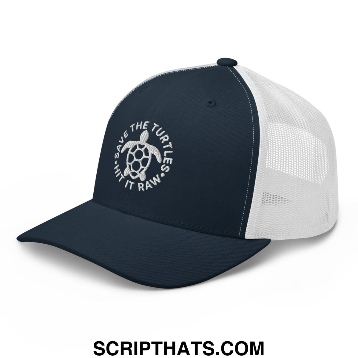 Navy blue and white mesh trucker hat with embroidered turtle logo and save the turtles text for casual wear