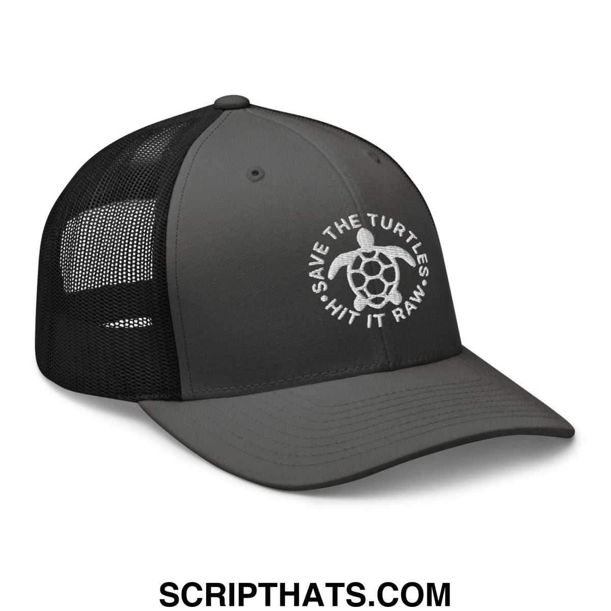 Dark gray hit it raw embroidered mesh trucker hat with black mesh back and white save the turtles logo