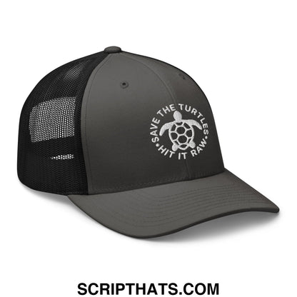Dark gray hit it raw embroidered mesh trucker hat with black mesh back and white save the turtles logo