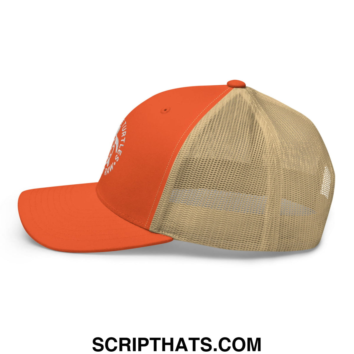 Orange and beige mesh trucker hat with embroidered save the turtles design and breathable back panel