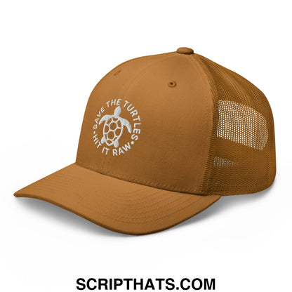 Tan mesh trucker hat with white embroidered turtle and save the turtles hit it raw text on the front panel