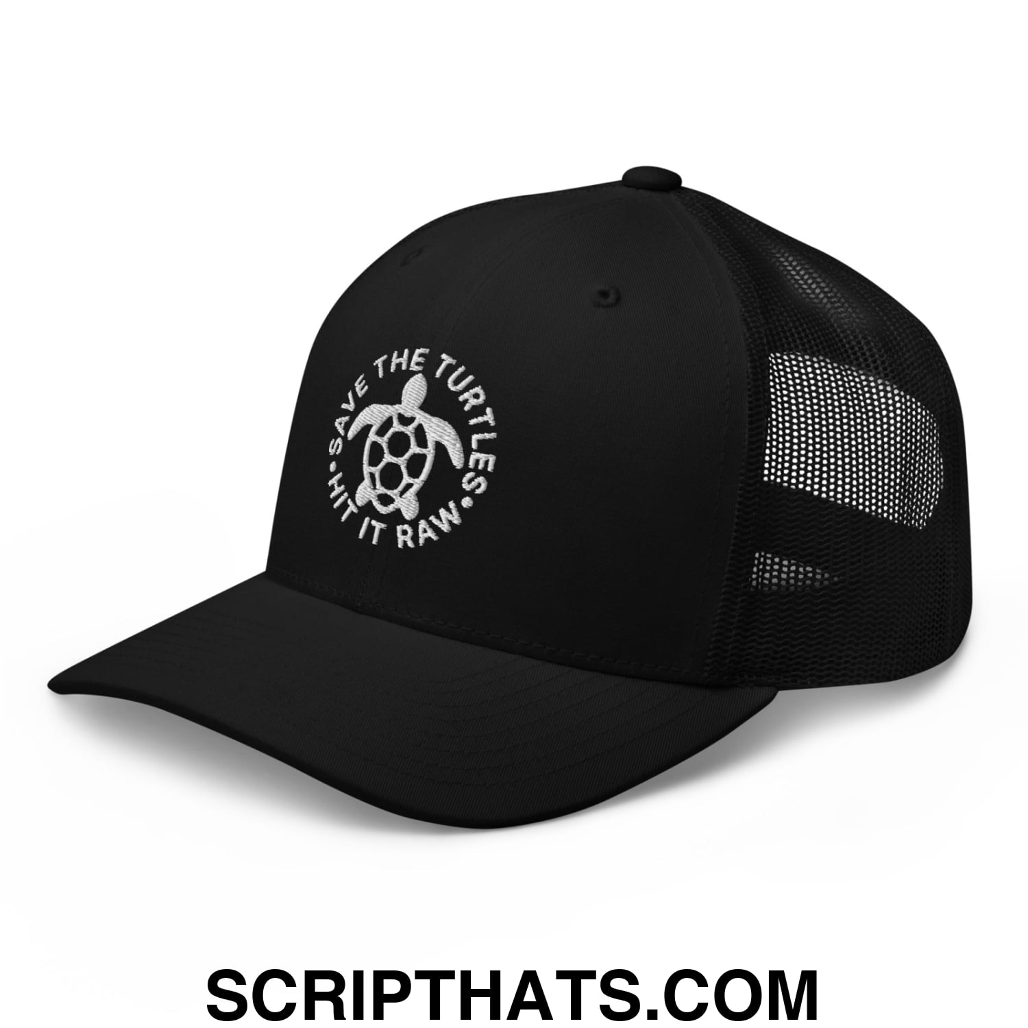 Save The Turtles Hit It Raw Embroidered Mesh Trucker Hat Black