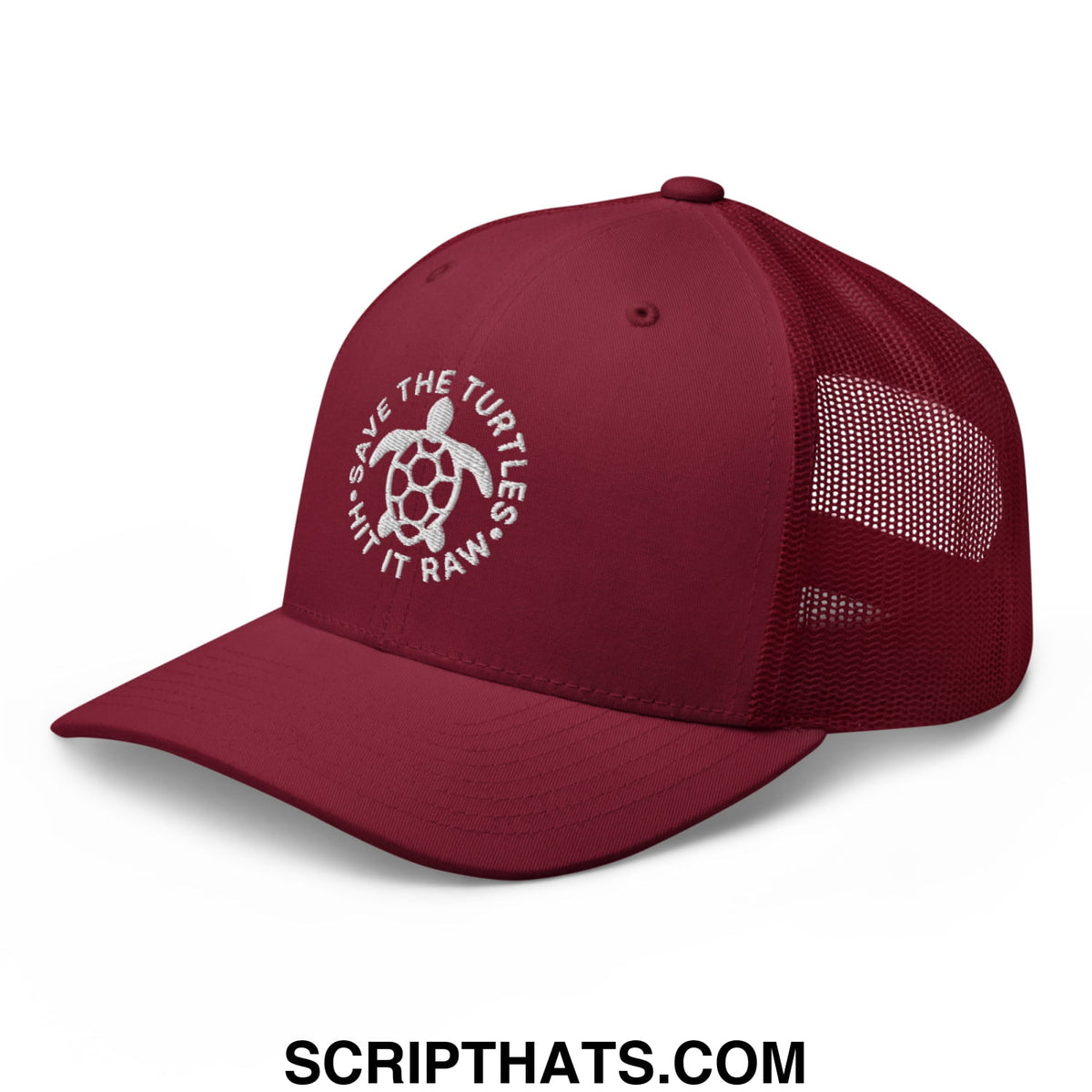 Maroon mesh trucker hat with white embroidered turtle and save the turtles slogan by Hit It Raw